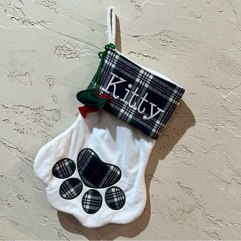 Kitty Cat Paw Stocking Green Plaid with Embroidered “Kitty”